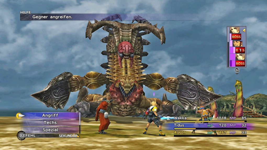 Die Kämpfe laufen in Final Fantasy 10 HD strikt rundenbasiert ab. Leider fehlt im Switch-Remaster eine Beschleunigungsfunktion, anders als am PC.