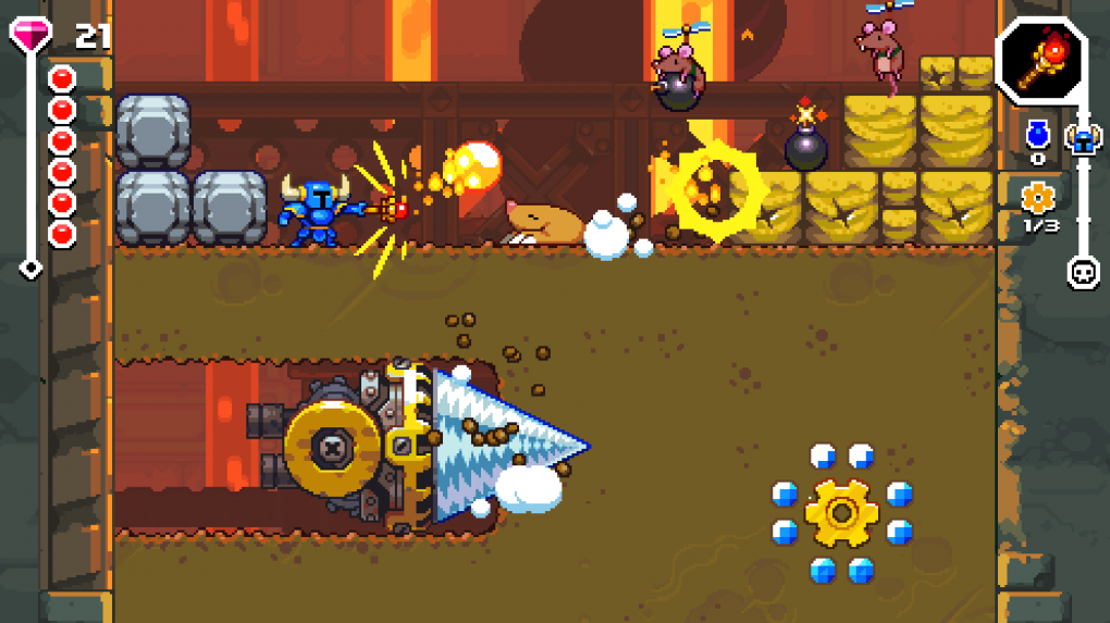 Drill Knight und seine infernalischen Bohrmaschinen lauern an vielen Stellen unter der Erde. Manchmal müsst ihr sie aufhalten, manchmal ihnen ausweichen.