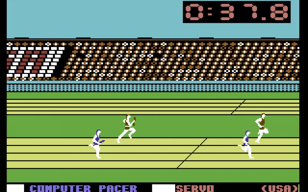 100 Meter Sprint und Staffellauf erinnerten stärker an den Activision-Klassiker Decathlon als die meisten anderen Disziplinen. Hier beschleunigten die Athleten durch rhythmisches Hin- und Herbewegen des Joysticks. <br> &nbsp;