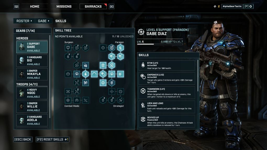 Jede der fünf Klasse von Gears Tactics verfügt über solch einen umfangreichen Skillbaum, in dem sich die Charaktere in vier verschiedene Richtungen entwickeln lassen.