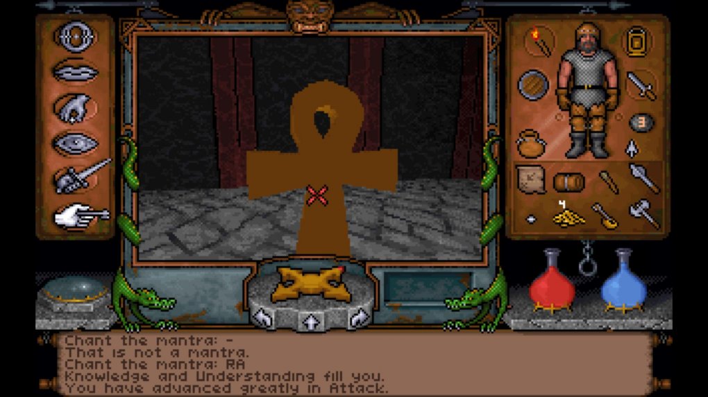 Nach Stufenaufstiegen verbessert man an solchen Schreinen seine Fähigkeiten. Dazu tippt man bestimmte Mantras ein, die man in den Levels allerdings erst einmal finden muss. Alternativ spickt man im Clue Book, das der GOG-Version beiliegt.