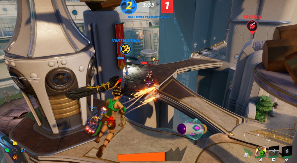 Mit Raketen- und Mehrfachsprünge katapultiert ihr euch durch die Lüfte. Das Spieltempo ist in Rocket Arena schnell, trotzdem überfordert es euch aber nicht.