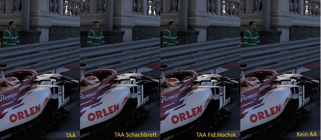 Vergleich der Anti-Aliasing-Methoden - ohne AA sind Stufenbildungen bei der Mauer und der Laterne zu erkennen. Die TAA Fidelity Hochskalierung enttäuscht.