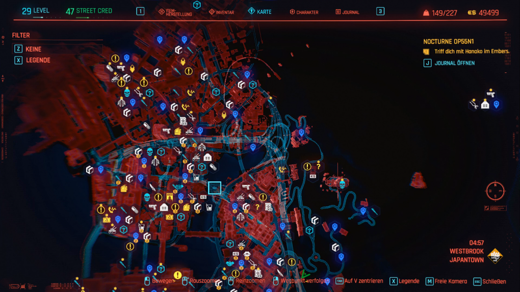 Der Blick auf die Karte kann ganz schön überwältigend sein. Hinter den gelben und hellblauen Icons verbergen sich die verschiedenen Fixer- und NCPD-Aufträge, die die Spielwelt beleben.
