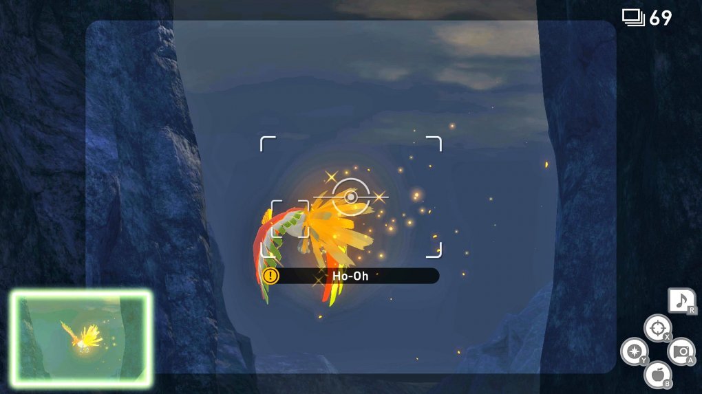 Ho-Oh fliegt über die Strecke Brodelnder Vulkan. Wenn ihr alle seine Federn im Level mit einer Lumina-Kugel trefft, erscheint das Pokémon kurz vor dem Ende der Route in voller Pracht vor euch.