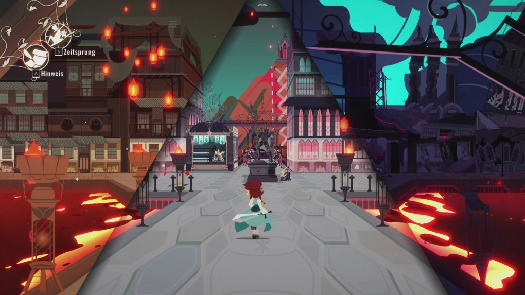 Wenn Crisbell sich in einer Stadt befindet, wird euer Bildschirm in drei Teile gespalten, um euch Vergangenheit, Gegenwart und Zukunft gleichzeitig zu offenbaren.&nbsp;
