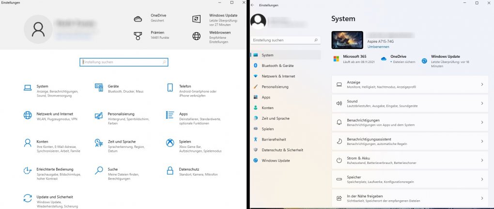 Vergleich der Systemoptionen Windows 10 (links) und Windows 11 (rechts)