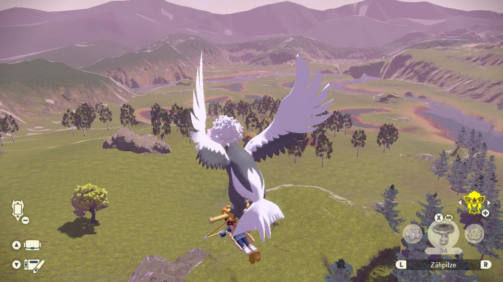 Auch auf dem Boden ist Legenden: Arceus schon kein hübsches Spiel. Wenn ihr auf Berggipfeln steht oder euch mit Hisui-Washakwil in die Luft schwingt, wirkt die Welt allerdings noch detailarmer als sonst.