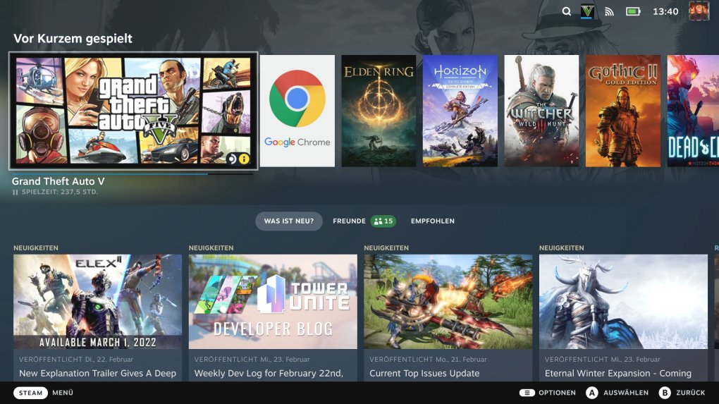 Das Steam Deck hat eine eigene dedizierte Benutzeroberfläche, die sich bequem per Touchscreen oder Controller-Eingaben bedienen lässt.