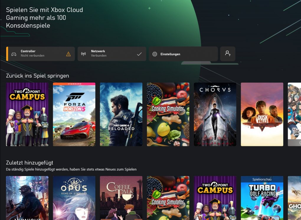 Das Cloudgaming-Menü beim Xbox Game Pass für den PC