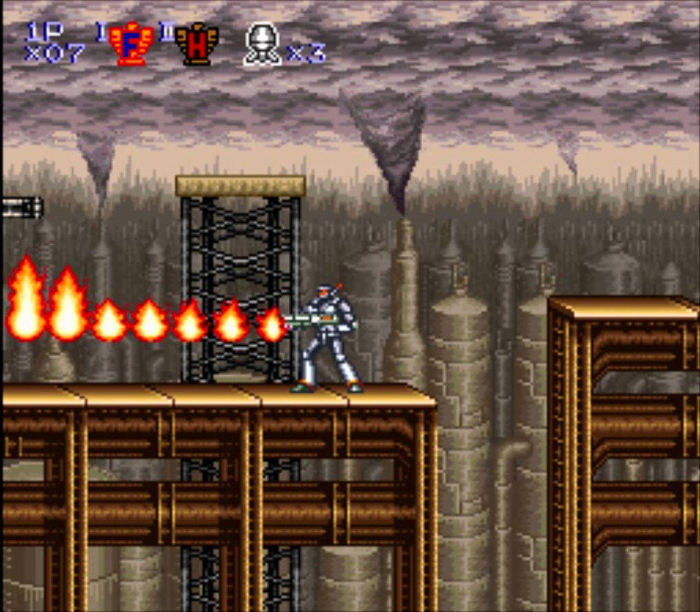 Der metallische Look der Roboter in Super Probotector wirkt viel beeindruckender als die pixeligen Söldner von Contra 3, weshalb so mancher die „zensierte“ PAL-Version freiwillig vorzieht.