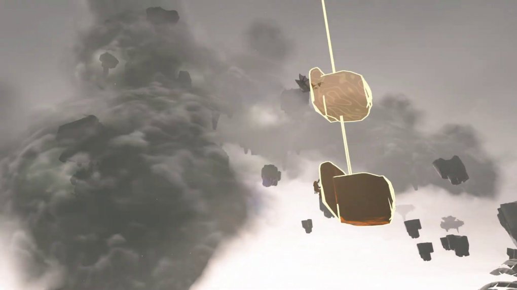 Mit seiner Rückspul-Kraft zieht sich Link zu den Wolken empor.