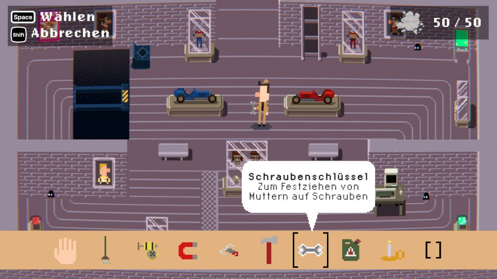 Im Adventure-Teil, der die Story erzählt, greift man auf ein klassisches Inventar zurück. In dieser Szene benutzt der Protagonist einen Schraubenschlüssel, um links oben eine Brücke auszufahren. &nbsp;