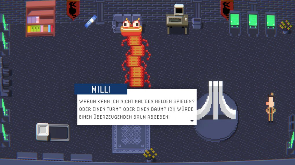 In den witzigen Zwischensequenzen nimmt Atari Games gerne auch mal Spieleklischees auf die Schippe. Dieser Screenshot zeigt einen der bekanntesten Charaktere, den Tausendfüßer aus Millipede. &nbsp;