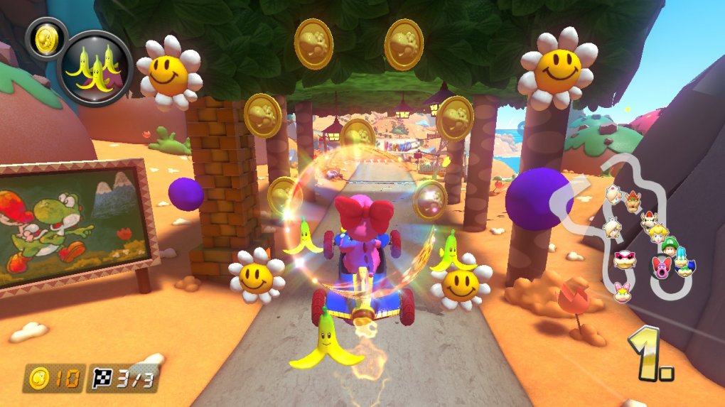 Zu sehen ist eine neue DLC-Strecke für das Nintendo-Switch-Spiel Mario Kart 8 Deluxe mit dem Titel Yoshis Eiland.