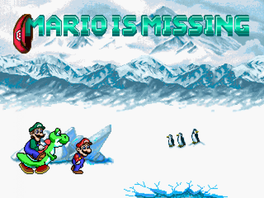 Titelbild des Spiels Mario is Missing mit Yoshi, Mario und Luigi im Schnee