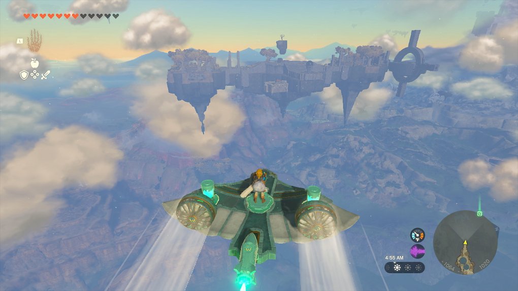 Link fliegt auf einem selbst gebauten Flugzeug über dem Himmel.
