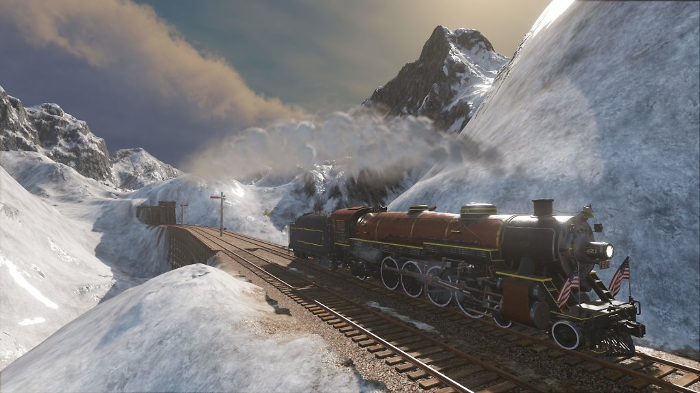 Eine Lokomotive fährt durch eine verschneite Berglandschaft.