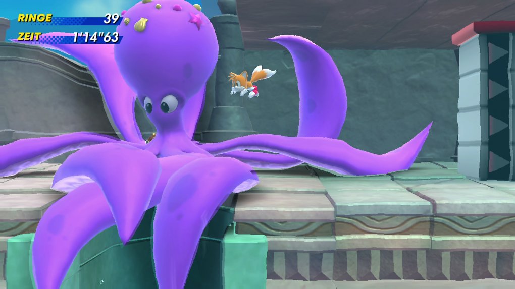 Tails taucht neben Oktopus.