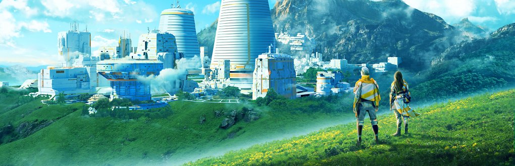 Zwei Personen schauen auf einem fremden Planeten auf eine entfernte Stadt