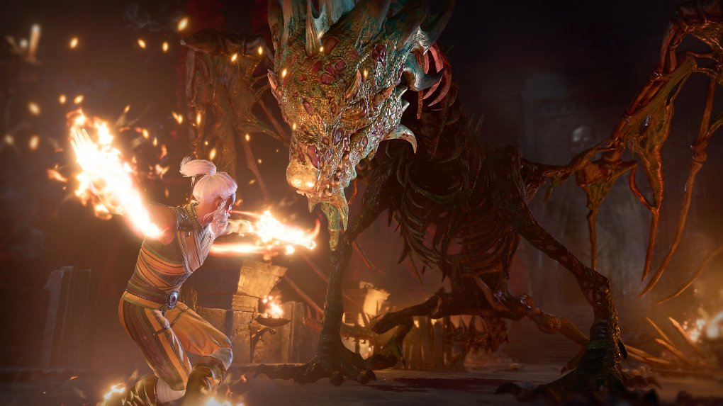 Ein Charakter kämpft mit einem Drachen
