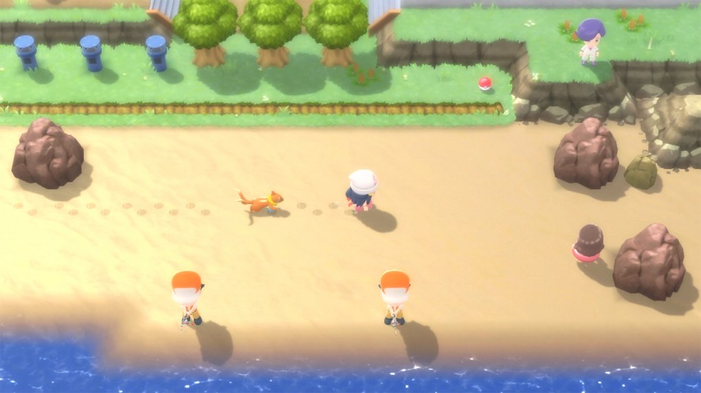 Der weibliche Charakter aus Pokémon Strahlender Diamant und Leuchtende Perle läuft über den Strand