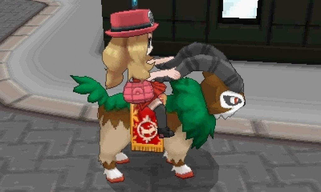Der weibliche Charakter aus Pokémon X und Y reitet auf einem Chevrumm