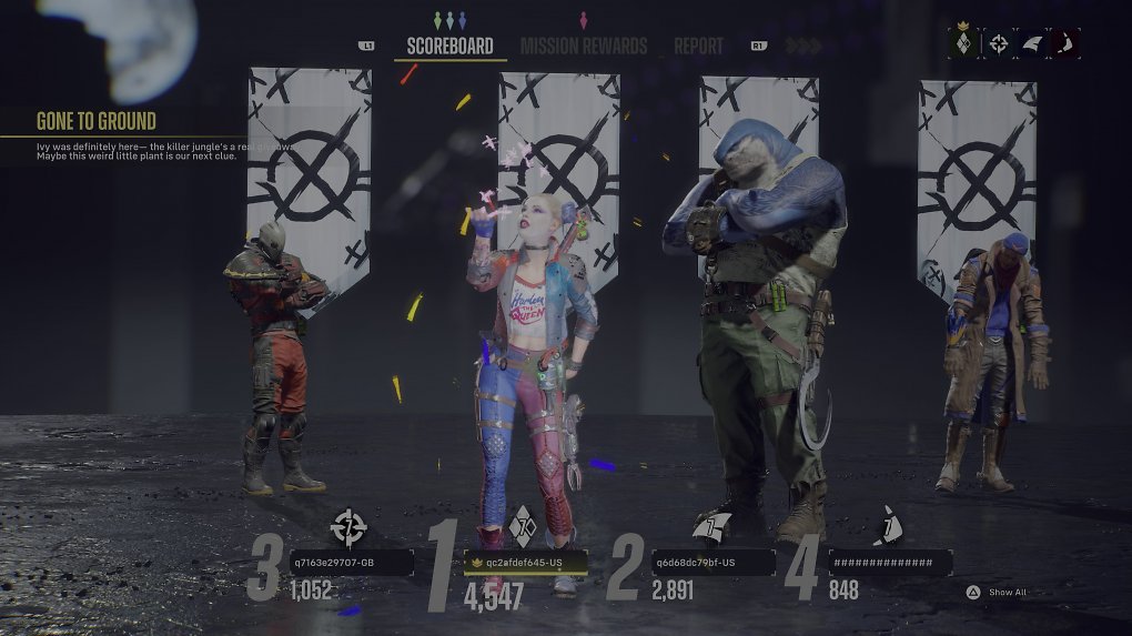 Ein Scoreboard der vier Helden mit den von ihnen erzielten Punktzahlen in der letzten Mission.