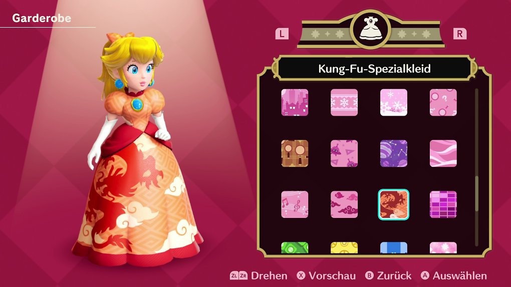 Prinzessin Peach probiert in der Garderobe das Kung-Fu-Spezialkleid an