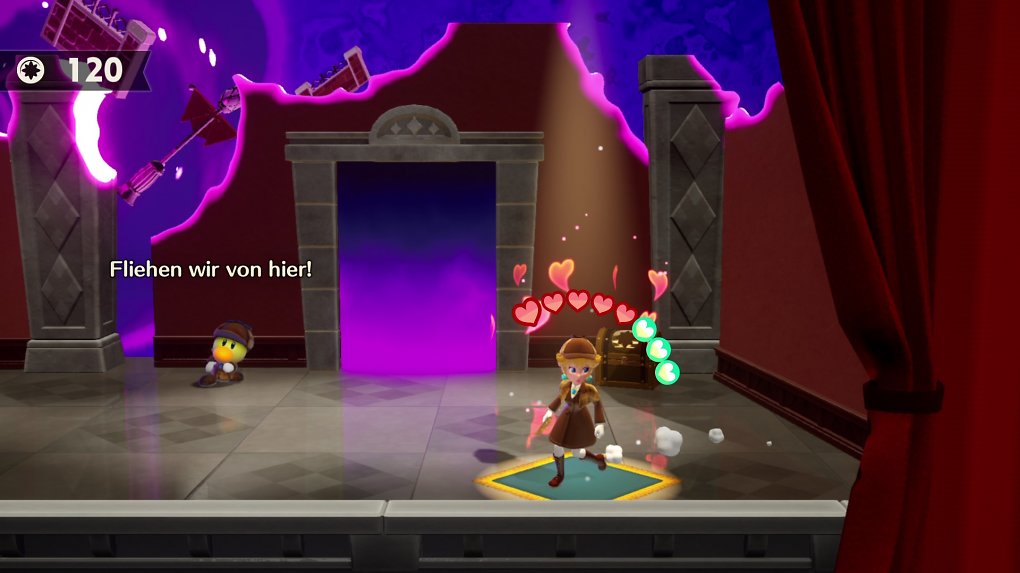 Detektivin-Peach steht auf einer funkelnden Stelle