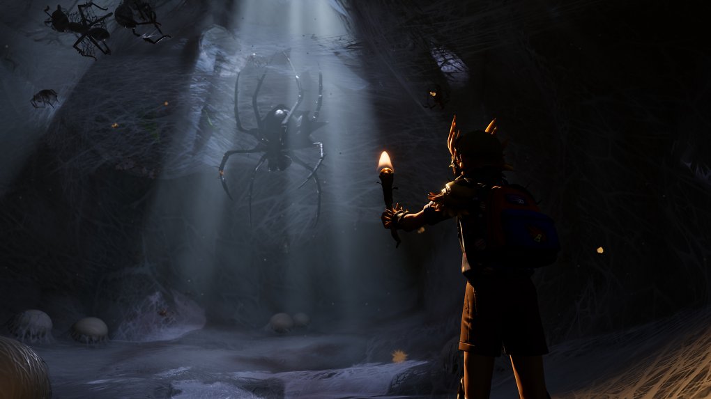 Ein Charakter steht in einer Höhle voller Spinnen