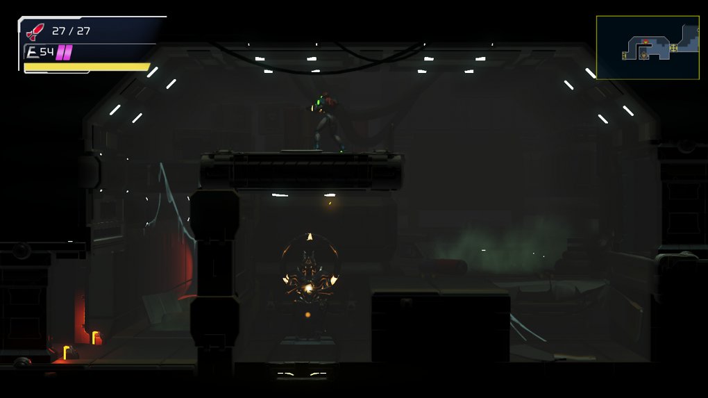 Eine kaum beleuchtete Passage in Metroid Dread.