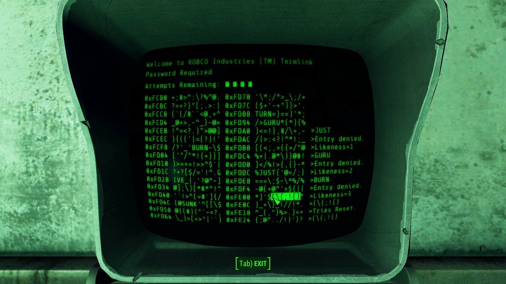 Eingeklammerte Zeichenfolgen, die hervorgehoben werden, erleichtern euch das Hacking-Minispiel.