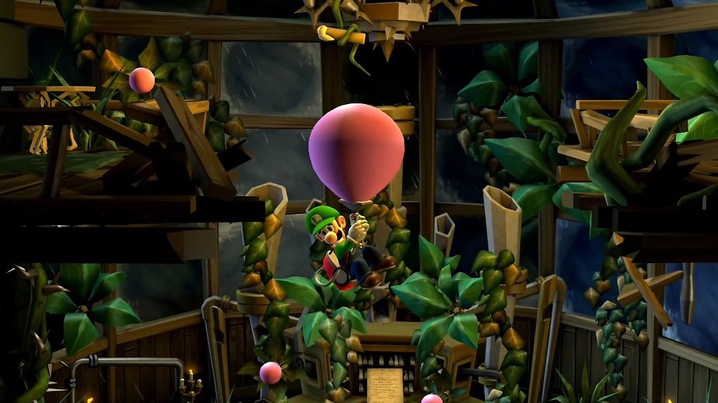 Luigi fliegt an einem Ballon durch eine Rätselpassage.