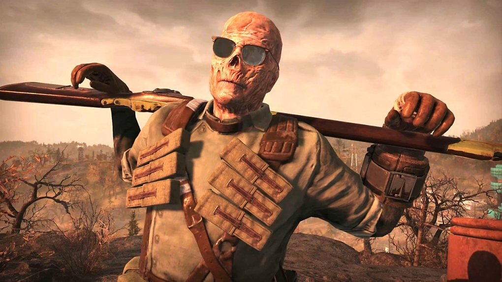 Ghul mit Gewehr über der Schulter und Sonnenbrille auf in Fallout 76