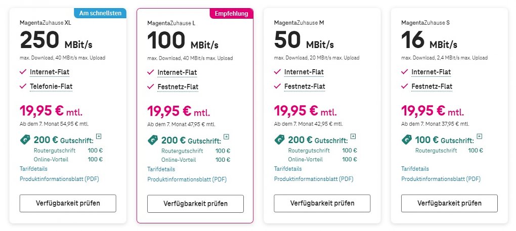 Übersicht über die DSL-Verträge der Telekom namens "MagentaZuhause"