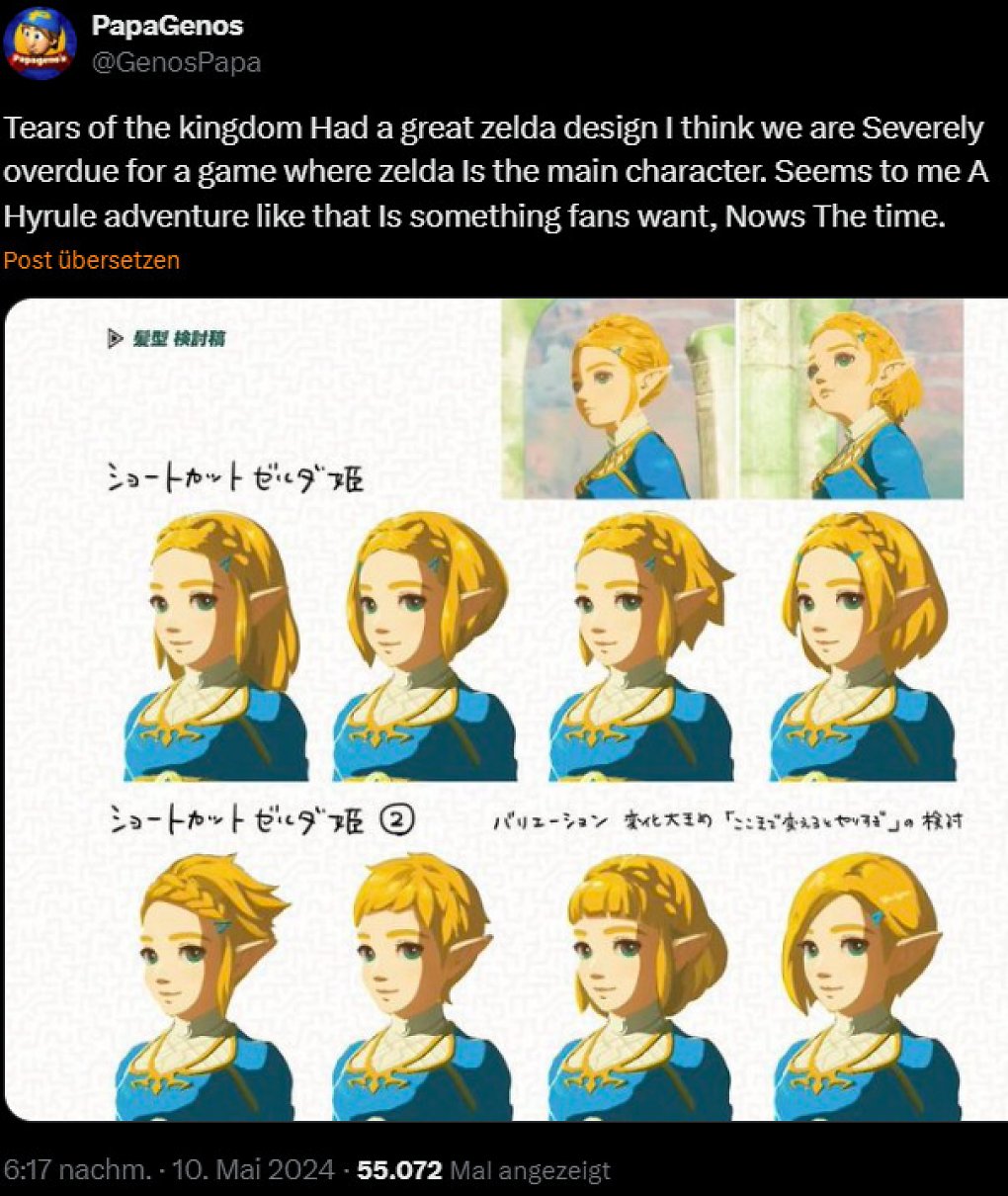Der Leak Tweet von Papagenos zeigt neben verschiedenen Frisuren für Zelda auch eine mysteriöse Nachricht.