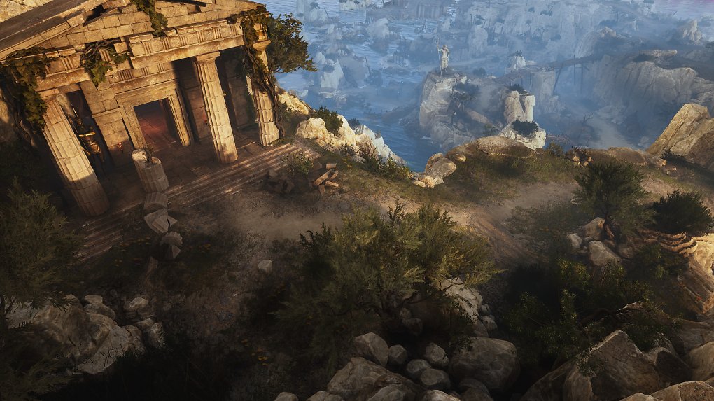 Die beleuchtete Landschaft zeigt eine Ruine und eine Klippe.