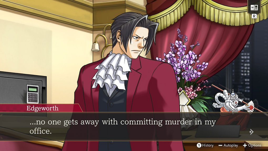 Miles Edgeworth versichert, den Mord in seinem Büro aufzuklären.