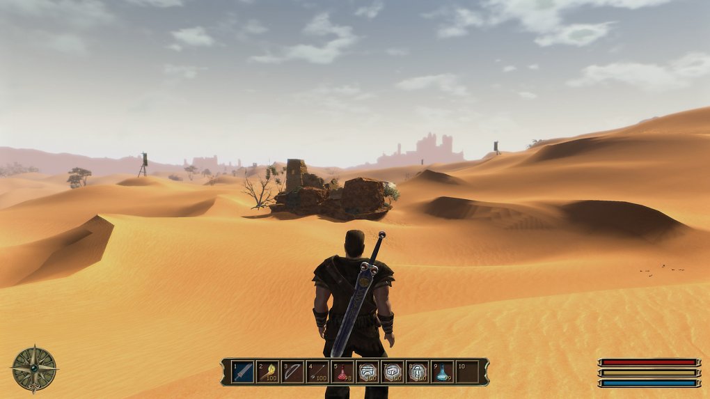 Ausblick auf die Vüste Varant und die Stadt Mora Sul am Horizont in Gothic 3