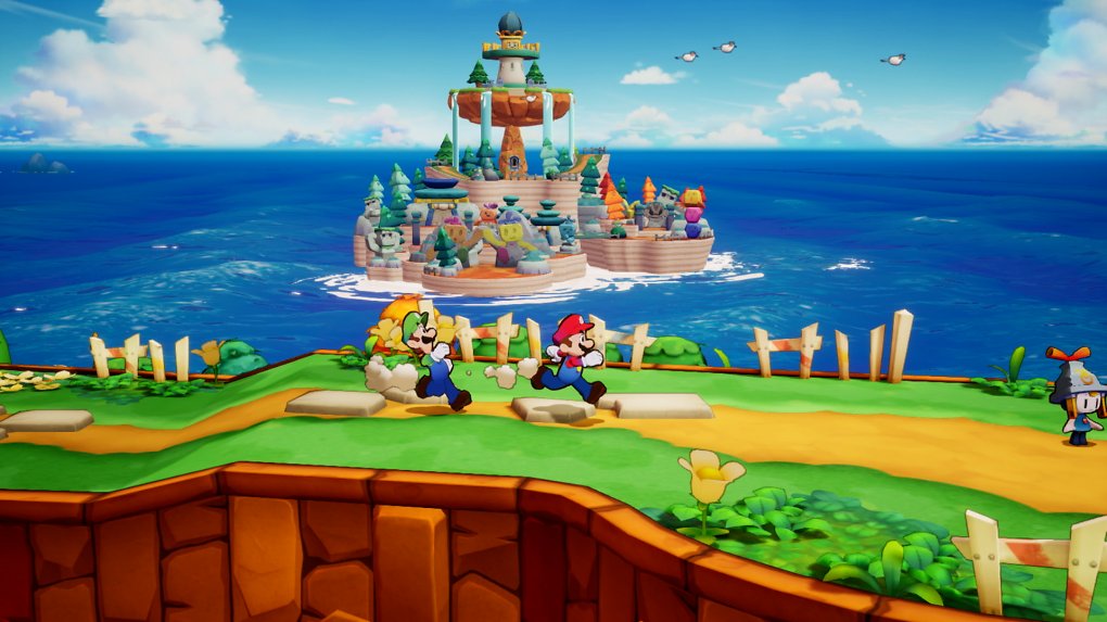 Mario und Luigi laufen zur Kanone, während im Hintergrund eine Driftinsel zu sehen ist