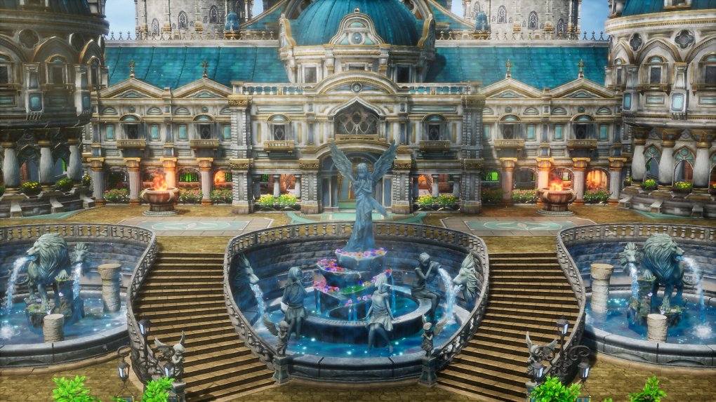 Ein großer Springbrunnen vor einem schönen Haus.