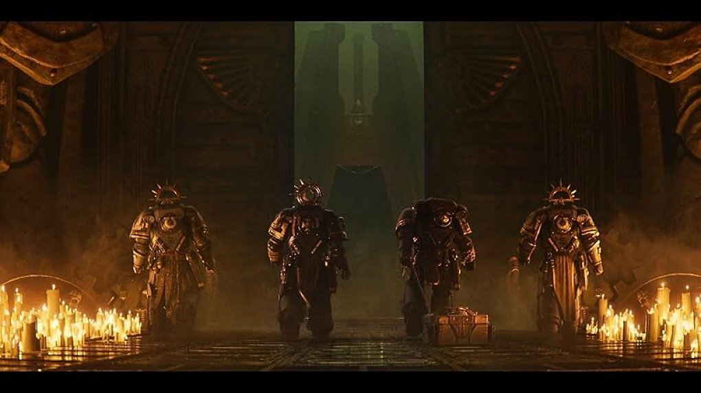 Vier gepanzerte Spacemarines aus der Serie Secret Level bewegen sich durch ein Verließ.