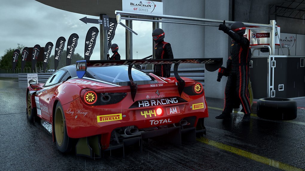 Ein Ferrari beim Boxenstopp in Assetto Corsa Competizione