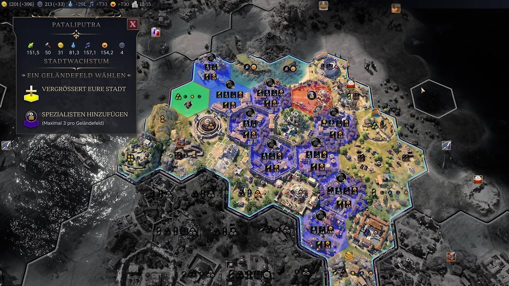 Der Stadtbildschirm, wenn die Stadt wächst