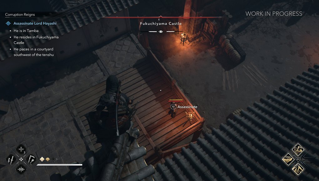Naoe ist als Shinobi eine Meisterin des lautlosen Vorgehens. Dem armen Kerl da unten weiß noch gar nicht, was ihm gleich blüht.