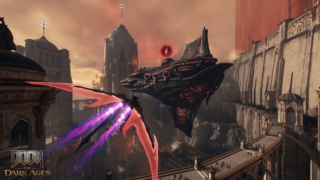 Der Cyber-Drache fliegt auf ein feindliches Schiff zu.