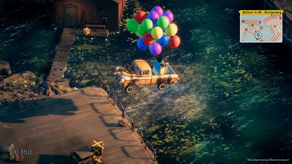 Der Liefertruck schwebt dank einer Ladung Luftballons über einen Fluss.