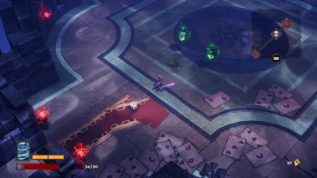 Erster Boss-Gegner in Lost in Random 2: Zwei schwebende grüne Köpfe der Zwillingstanten