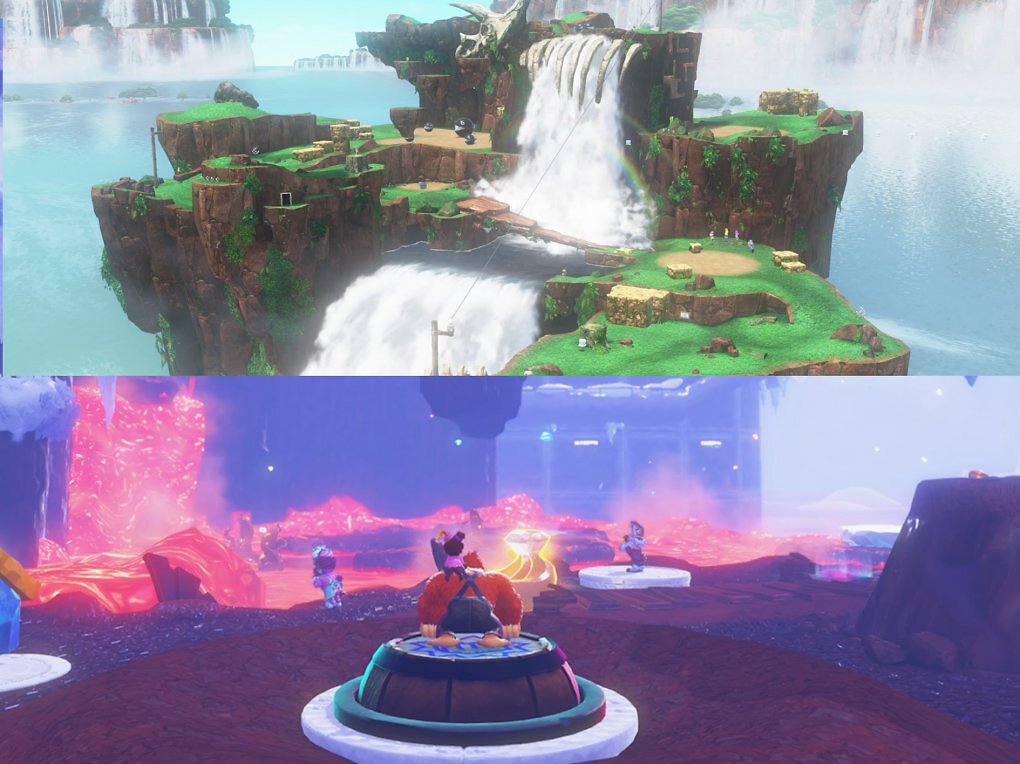 Oben ein Bild der Fossilfälle aus Super Mario Odyssey. Unten ein Bild von Donkey Kong im Schokoladenlava Sumpf